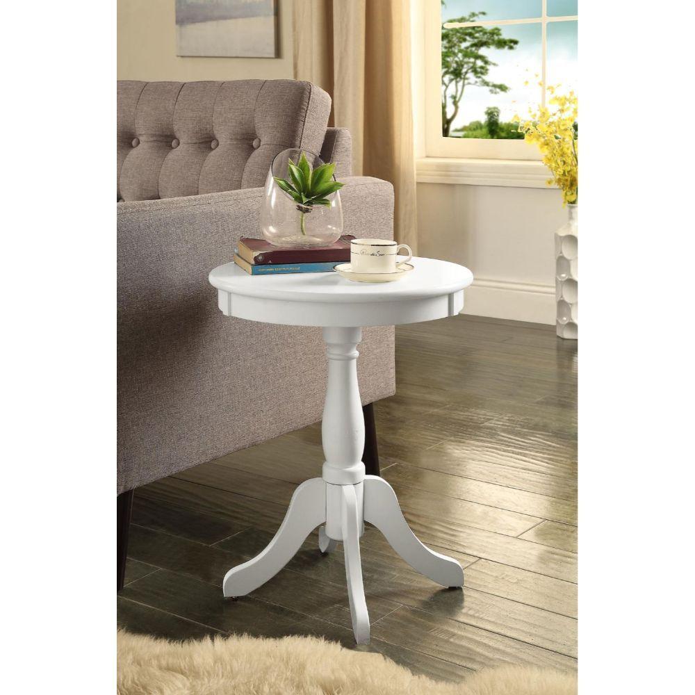 Cottage White Wood Pedestal Side Table with spindle pedestal design, round tabletop, and white finish, perfect for lamps and books.