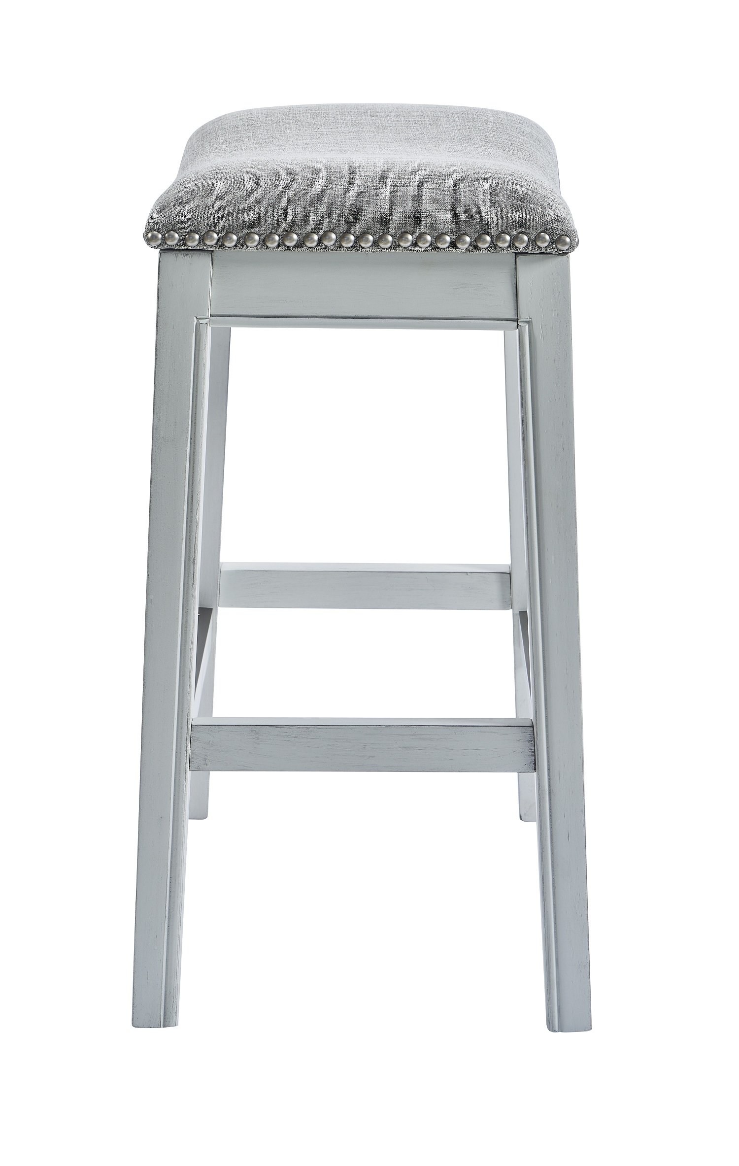 Counter Height Saddle Style Counter Stool featuring grey fabric upholstery and antique nail head accents on a solid wood frame.