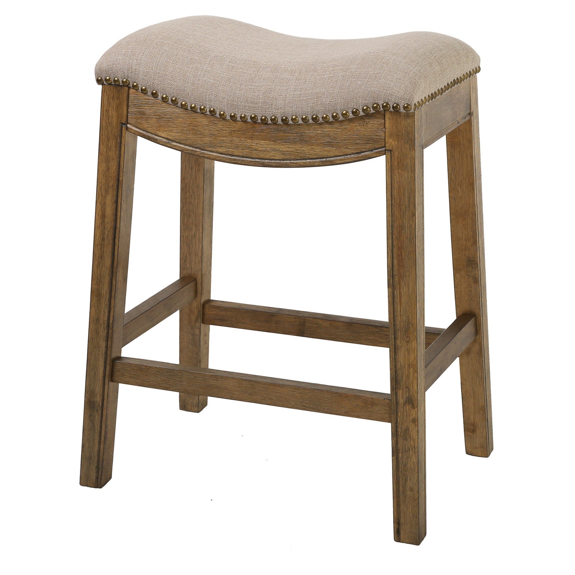 Counter Height Saddle Style Cream Stool with upholstered seat and antique nail head accents on a solid wood frame.