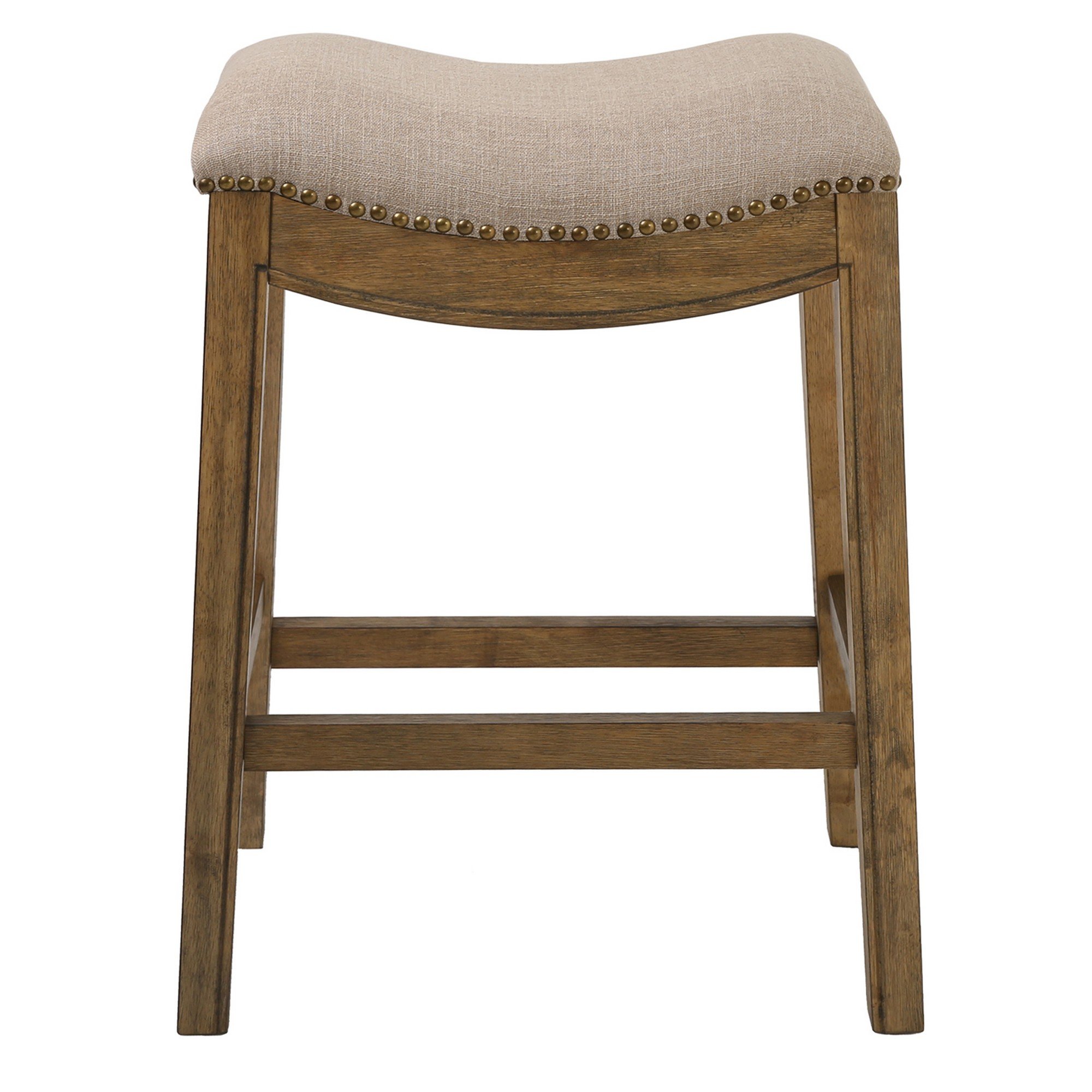 Counter Height Saddle Style Cream Stool with upholstered seat and antique nail head accents on a solid wood frame.