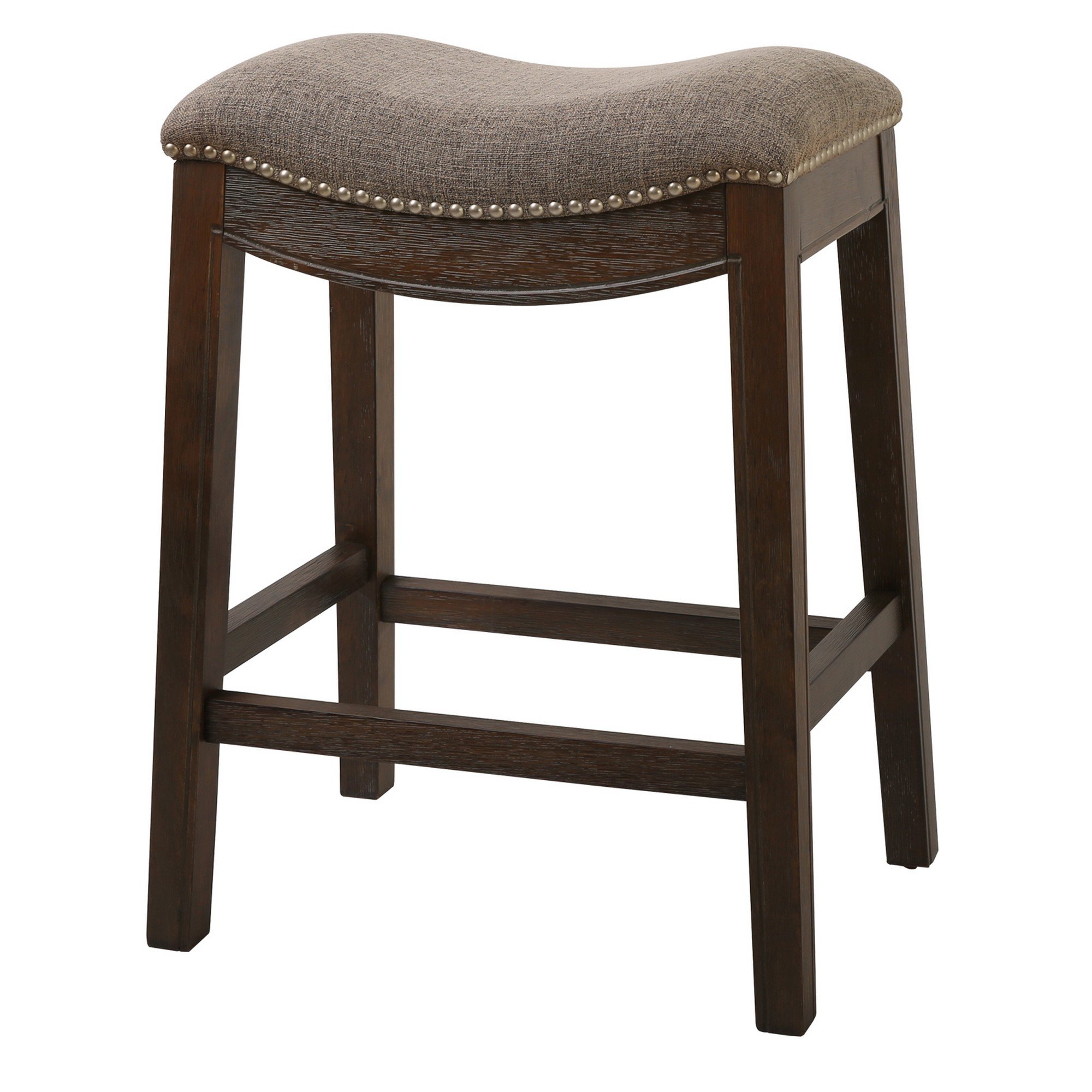 Counter Height Saddle Style Taupe Stool with upholstered seat and antique nail head accents on a solid wood frame.