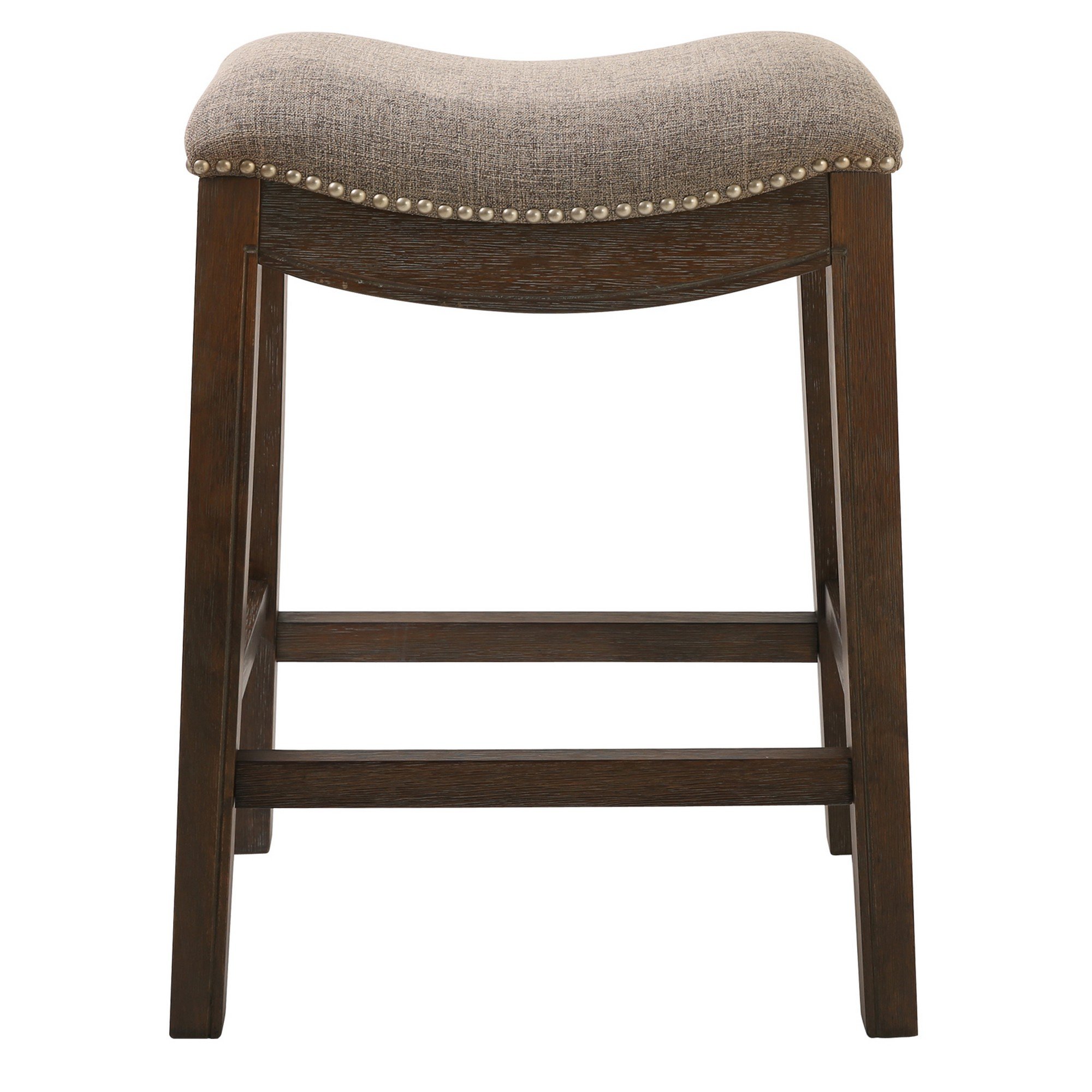 Counter Height Saddle Style Taupe Stool with upholstered seat and antique nail head accents on a solid wood frame.