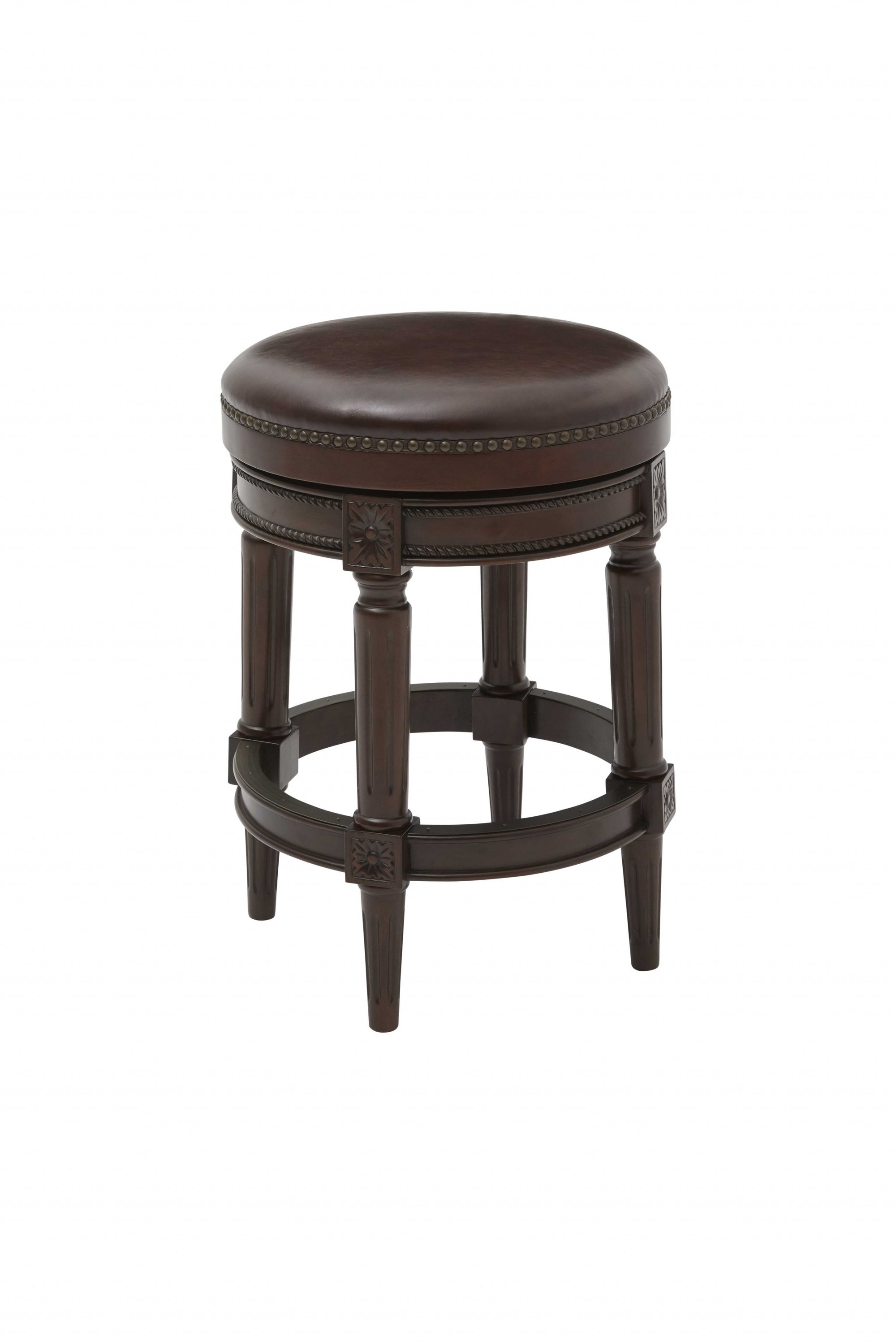 Counter height stool in distressed walnut finish, featuring a backless design and full swivel seat, perfect for modern and rustic interiors.