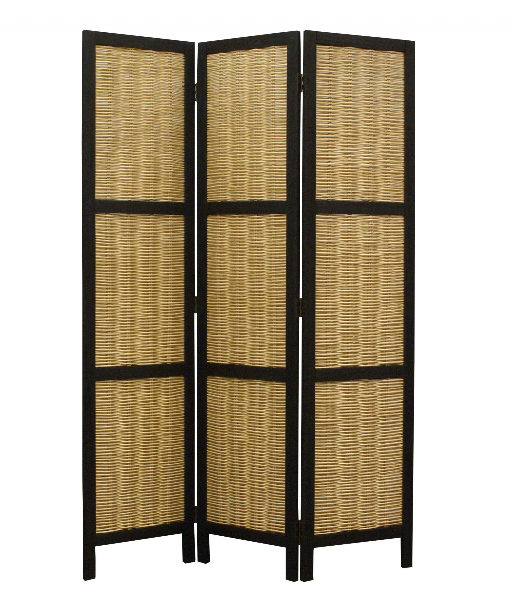 Dark brown and natural willow 3 panel room divider screen, elegantly designed for privacy and style.