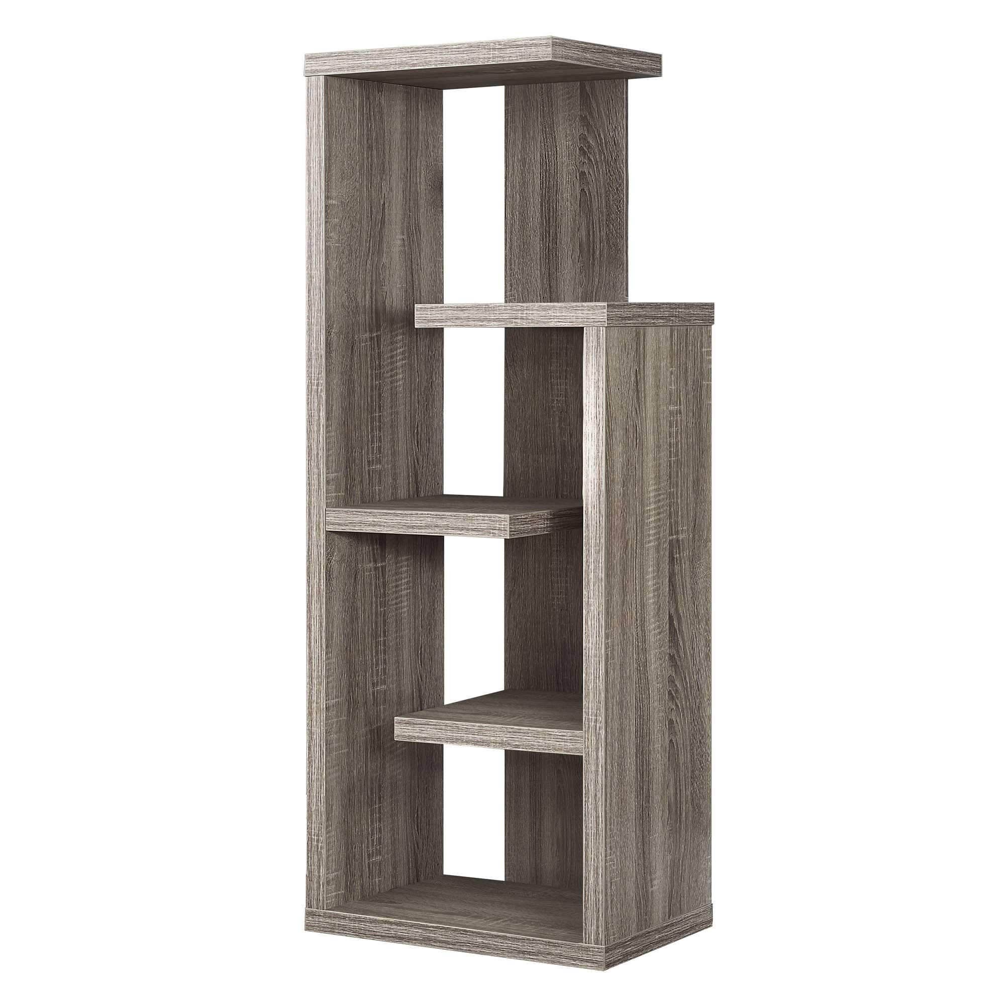 Dark taupe wood-look bookcase with five open shelves, perfect for displaying decorative items.