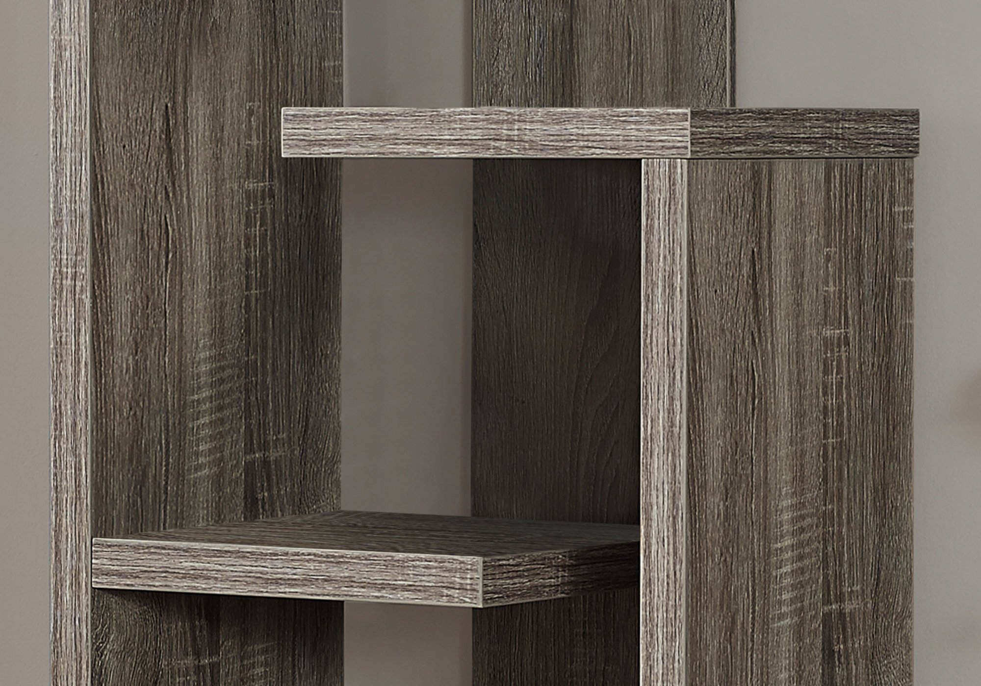 Dark taupe wood-look bookcase with five open shelves, perfect for displaying decorative items.