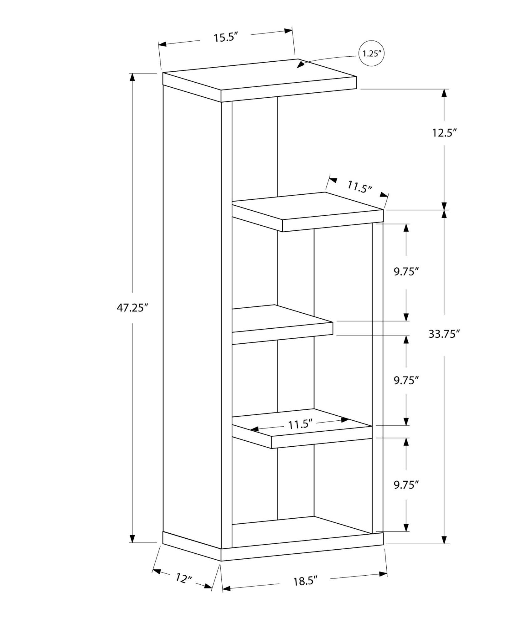 Dark taupe wood-look bookcase with five open shelves, perfect for displaying decorative items.