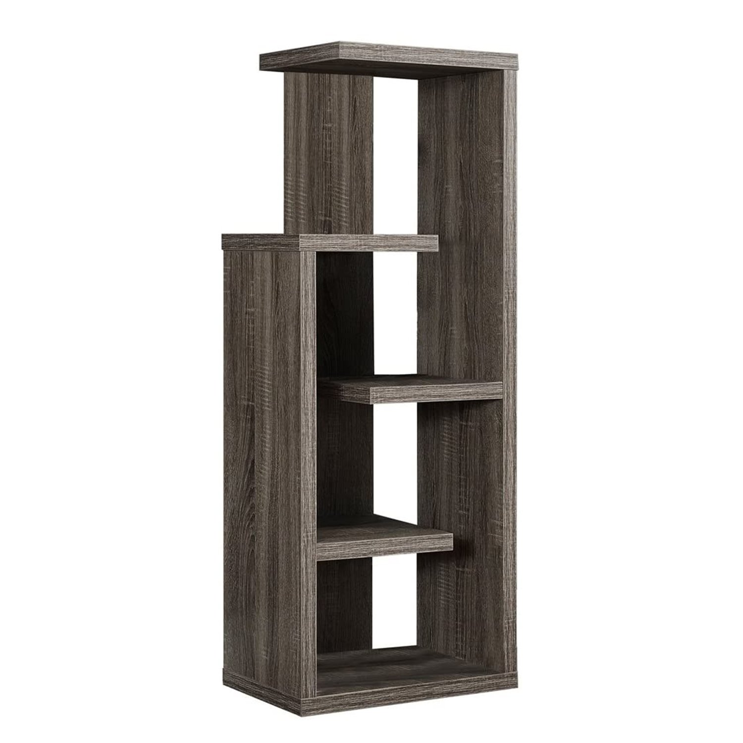 Dark taupe wood-look bookcase with five open shelves, perfect for displaying decorative items.