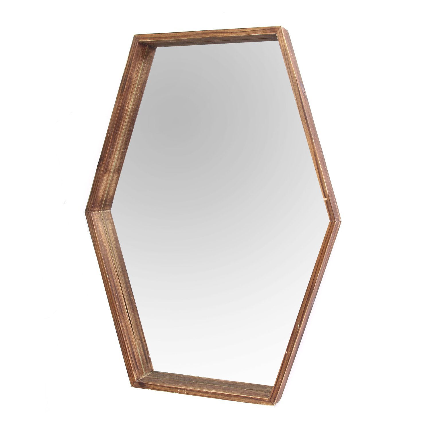 Dark Wood Hexagonal Frame Wall Mirror with a handcrafted design, showcasing a chic hexagonal shape and dark natural wood finish.