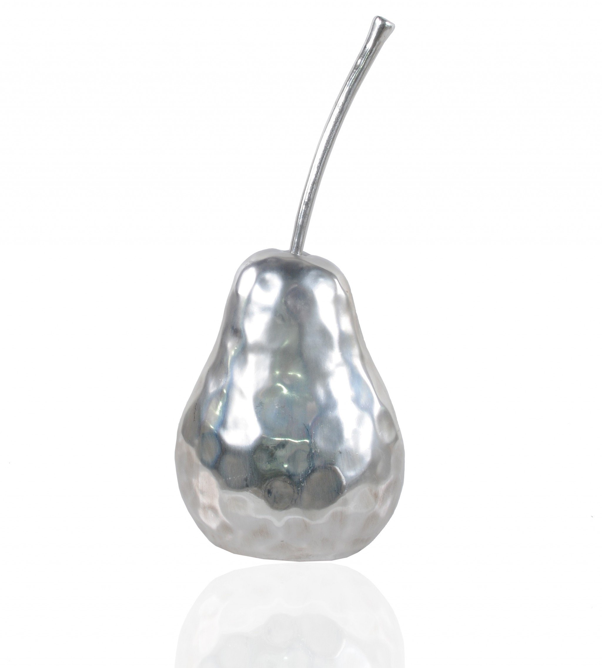 A beautifully crafted pear statue with a hammered nickel finish, showcasing its elegant design and texture, perfect for home decor.