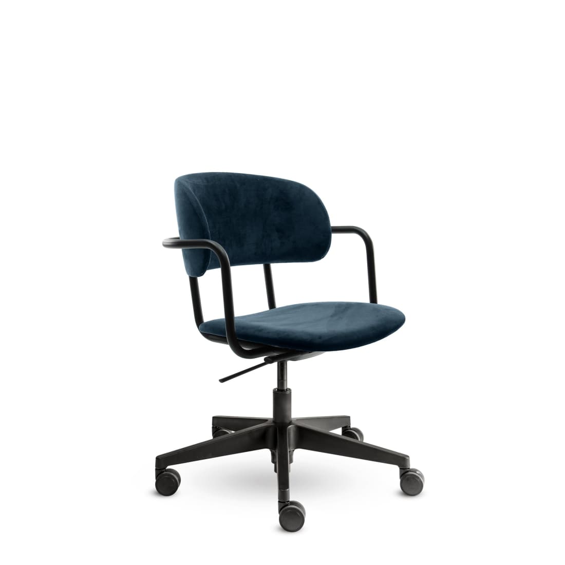 Navy Blue Pure Design Office Chair featuring soft velvet upholstery, adjustable height, and smooth-rolling wheels, perfect for modern workspaces.