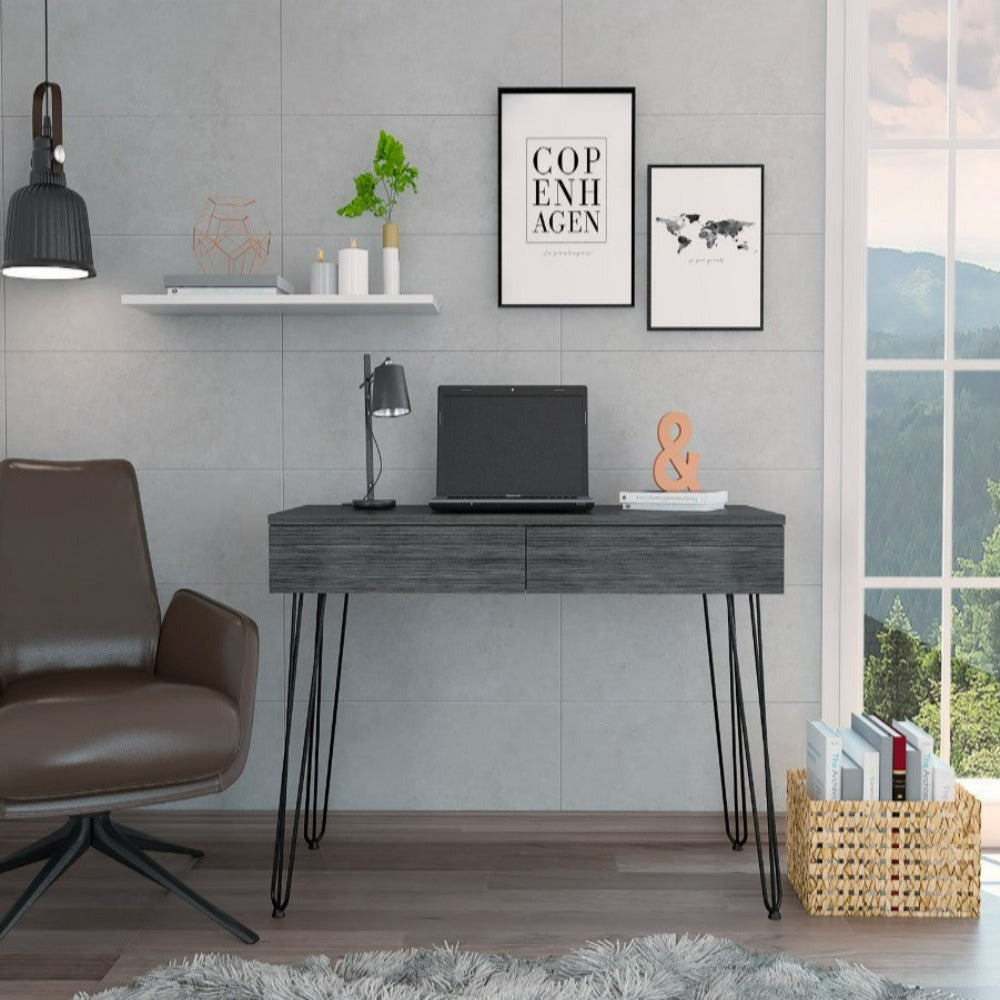 Hinsdale Desk with hairpin legs and two drawers in black wengue finish, showcasing modern design and compact elegance.