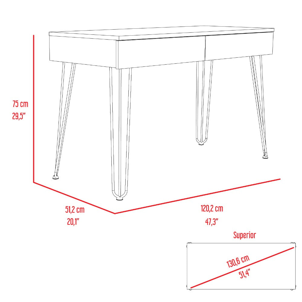 Hinsdale Desk with hairpin legs and two drawers in black wengue finish, showcasing modern design and compact elegance.