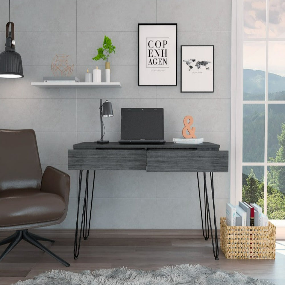 Hinsdale Desk with hairpin legs and two drawers in black wengue finish, showcasing modern design and compact elegance.