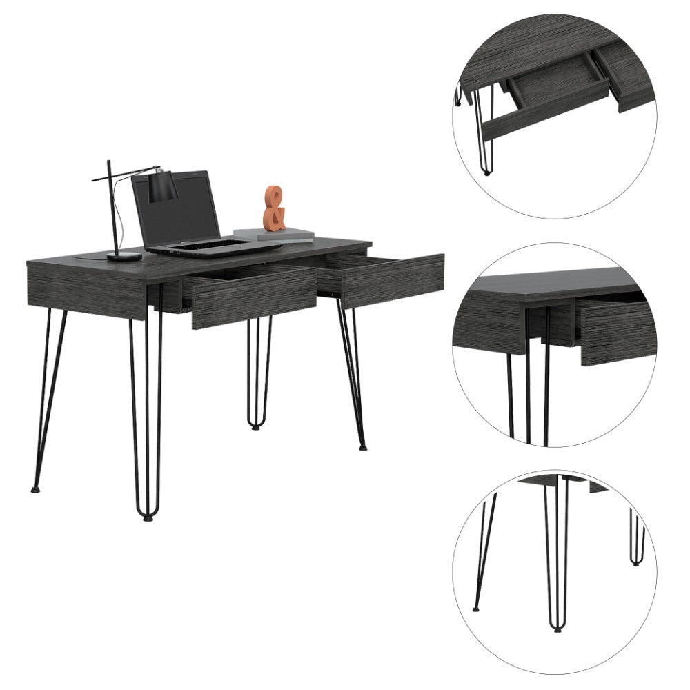 Hinsdale Desk with hairpin legs and two drawers in black wengue finish, showcasing modern design and compact elegance.