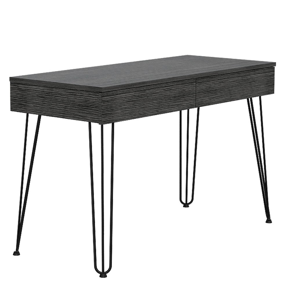 Hinsdale Desk with hairpin legs and two drawers in black wengue finish, showcasing modern design and compact elegance.