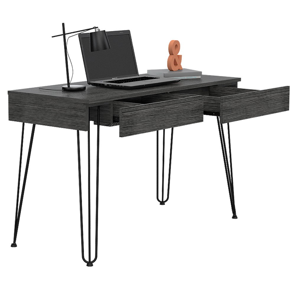 Hinsdale Desk with hairpin legs and two drawers in black wengue finish, showcasing modern design and compact elegance.