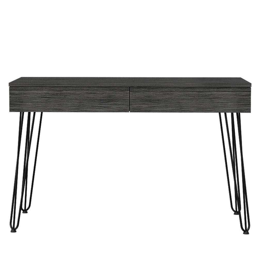 Hinsdale Desk with hairpin legs and two drawers in black wengue finish, showcasing modern design and compact elegance.