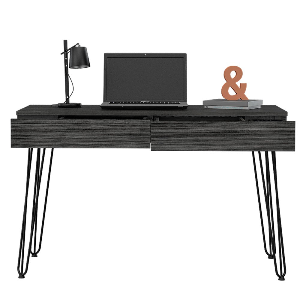 Hinsdale Desk with hairpin legs and two drawers in black wengue finish, showcasing modern design and compact elegance.