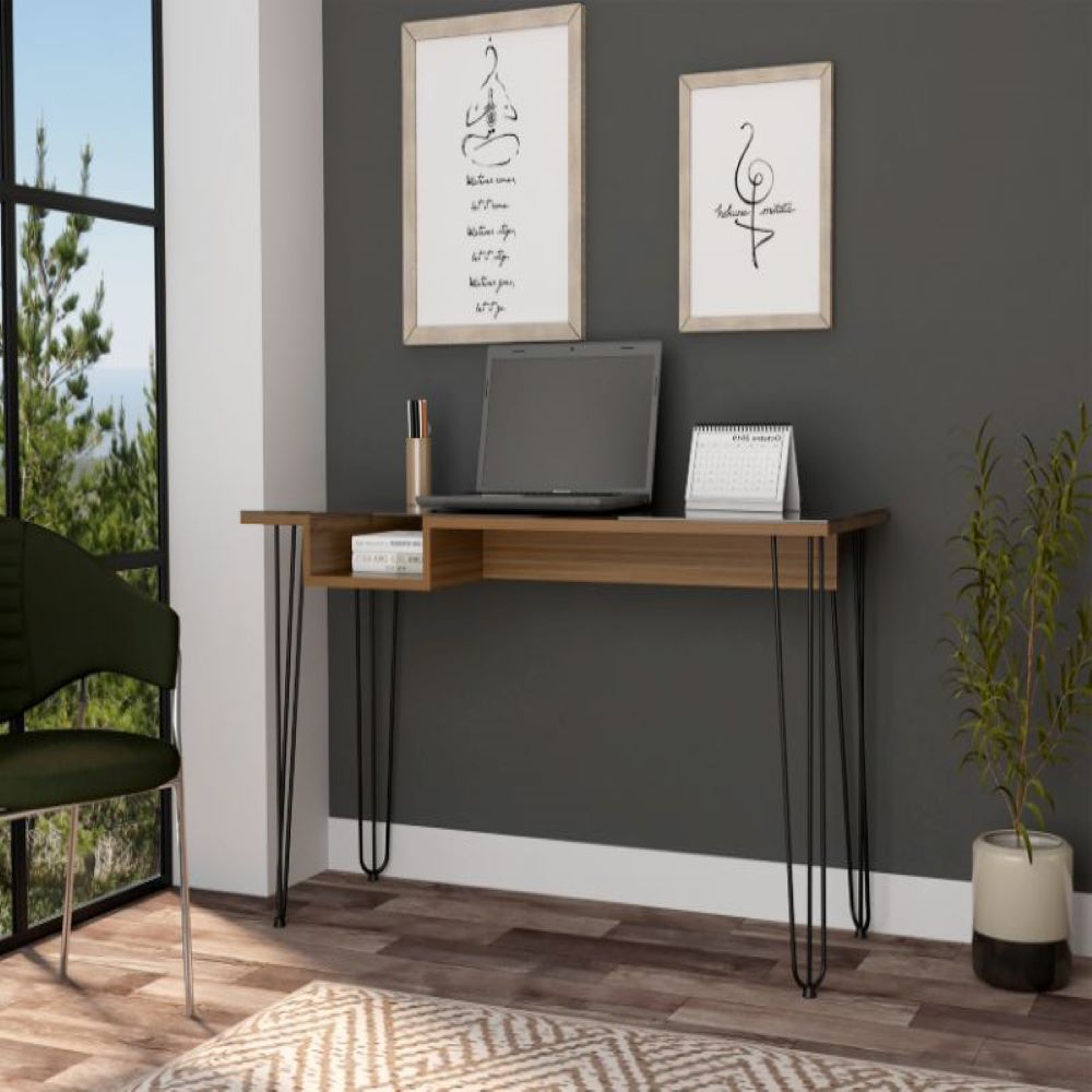 Rolo140 Writing Desk with mahogany finish, featuring a spacious work surface and unique see-through shelf supported by sturdy hairpin legs.