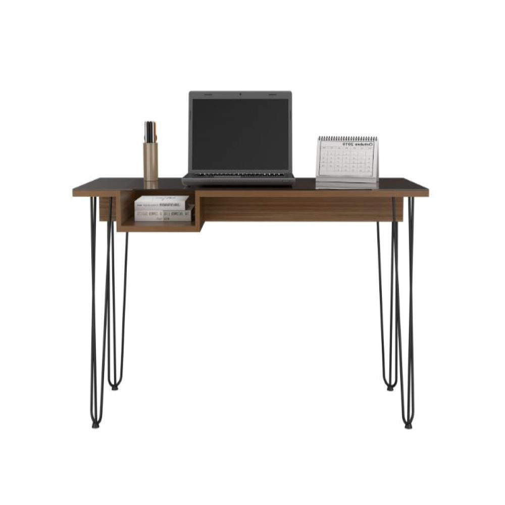 Rolo140 Writing Desk with mahogany finish, featuring a spacious work surface and unique see-through shelf supported by sturdy hairpin legs.