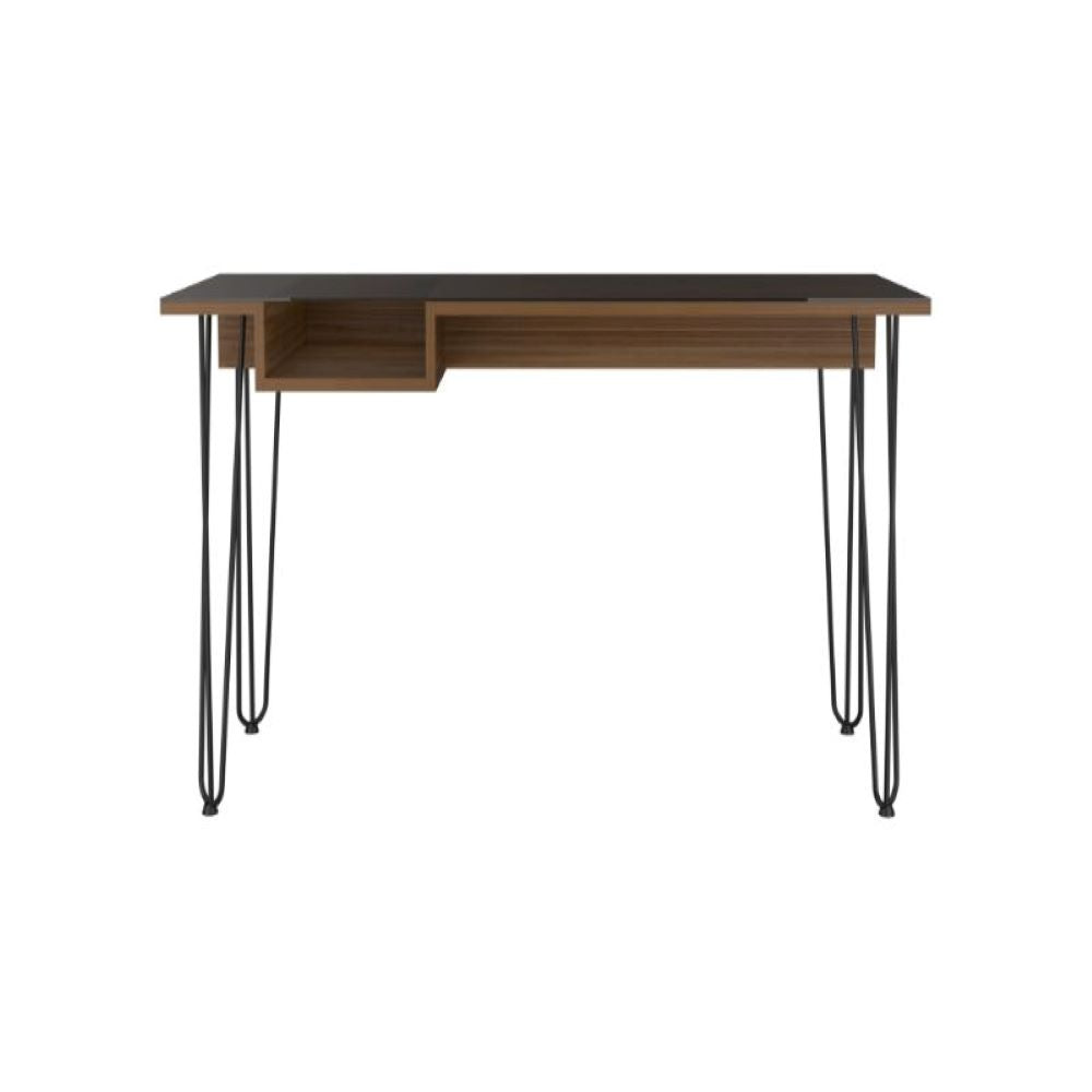 Rolo140 Writing Desk with mahogany finish, featuring a spacious work surface and unique see-through shelf supported by sturdy hairpin legs.