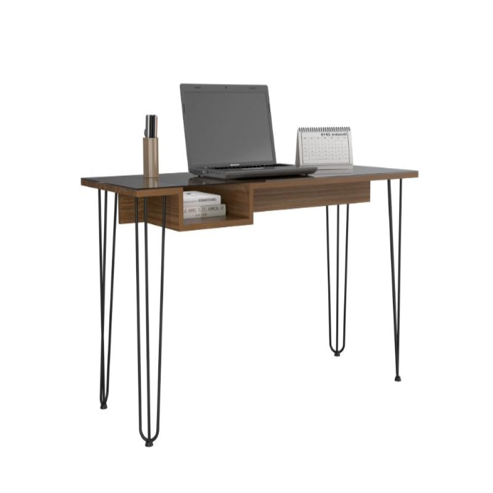 Rolo140 Writing Desk with mahogany finish, featuring a spacious work surface and unique see-through shelf supported by sturdy hairpin legs.