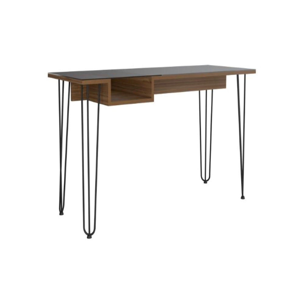 Rolo140 Writing Desk with mahogany finish, featuring a spacious work surface and unique see-through shelf supported by sturdy hairpin legs.