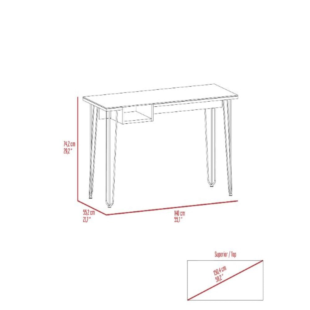 Rolo140 Writing Desk with mahogany finish, featuring a spacious work surface and unique see-through shelf supported by sturdy hairpin legs.