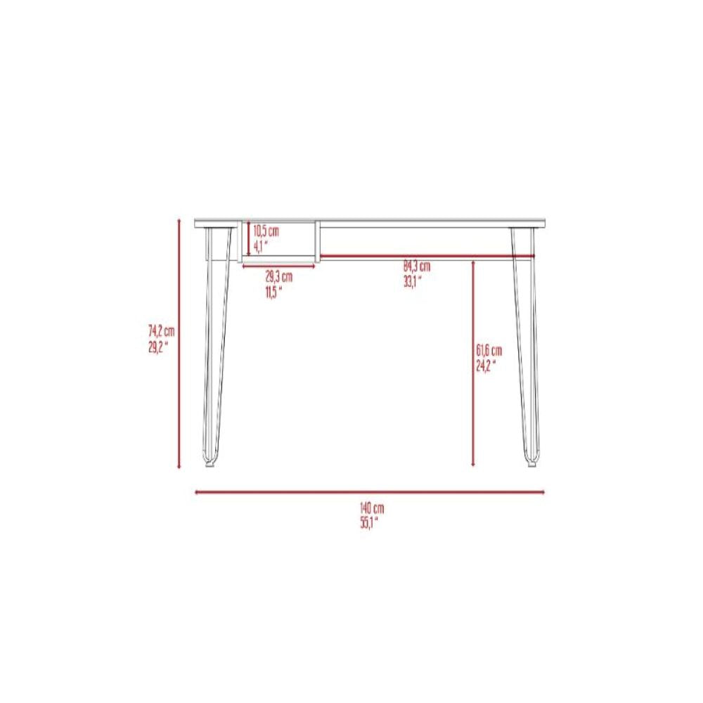 Rolo140 Writing Desk with mahogany finish, featuring a spacious work surface and unique see-through shelf supported by sturdy hairpin legs.