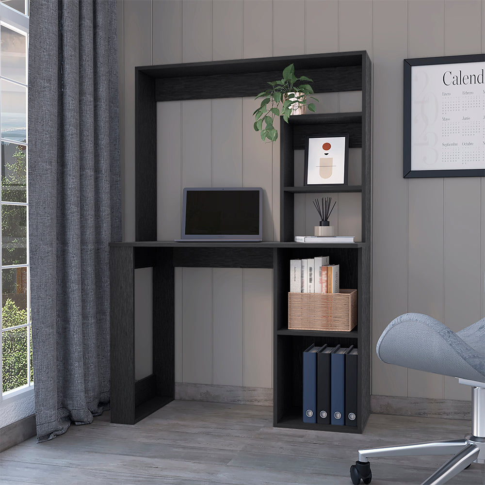 Desk Ryndon in black wengue finish featuring a hutch and five shelves, designed for modern workspaces.