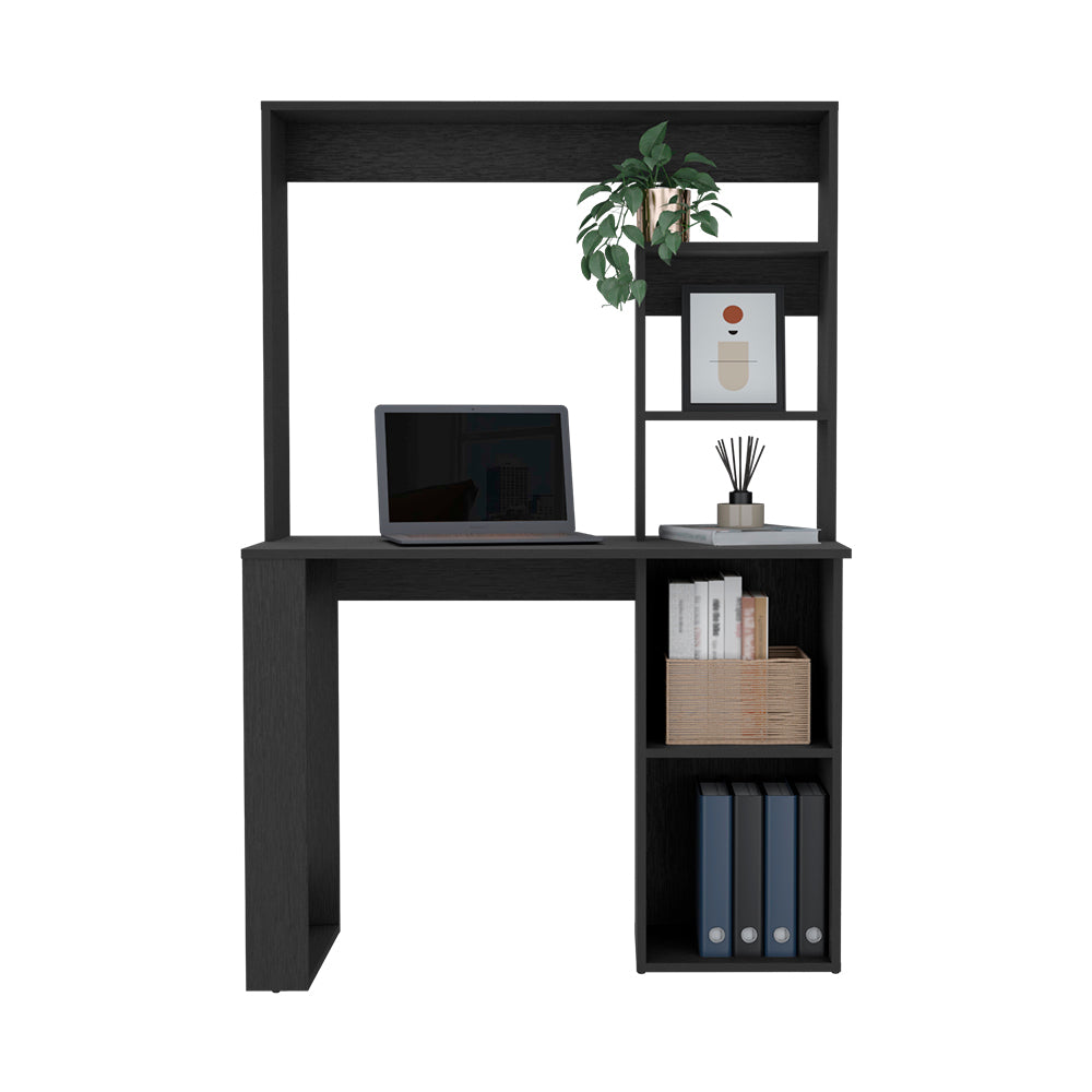 Desk Ryndon in black wengue finish featuring a hutch and five shelves, designed for modern workspaces.