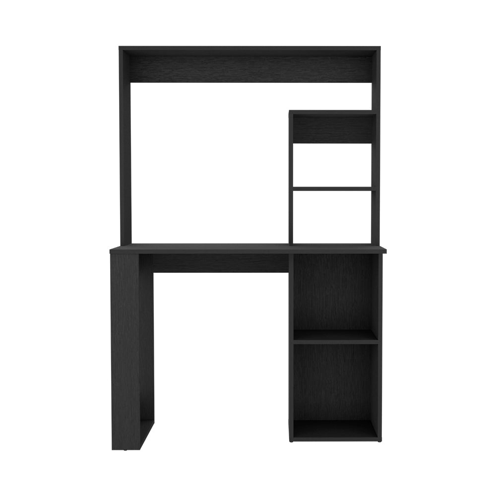 Desk Ryndon in black wengue finish featuring a hutch and five shelves, designed for modern workspaces.