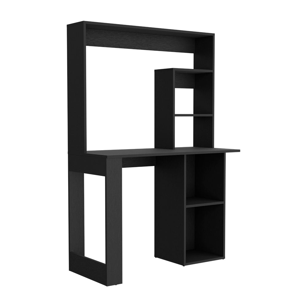 Desk Ryndon in black wengue finish featuring a hutch and five shelves, designed for modern workspaces.