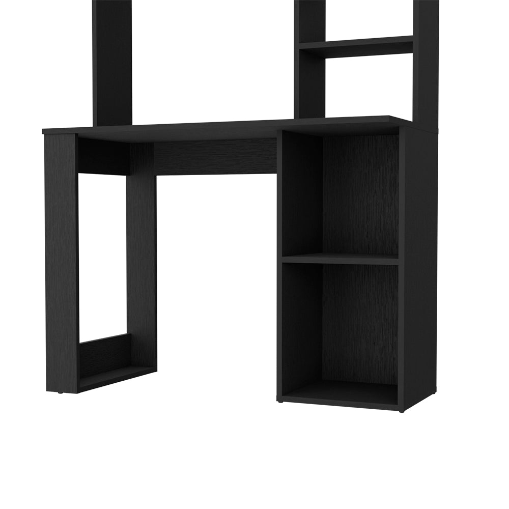 Desk Ryndon in black wengue finish featuring a hutch and five shelves, designed for modern workspaces.