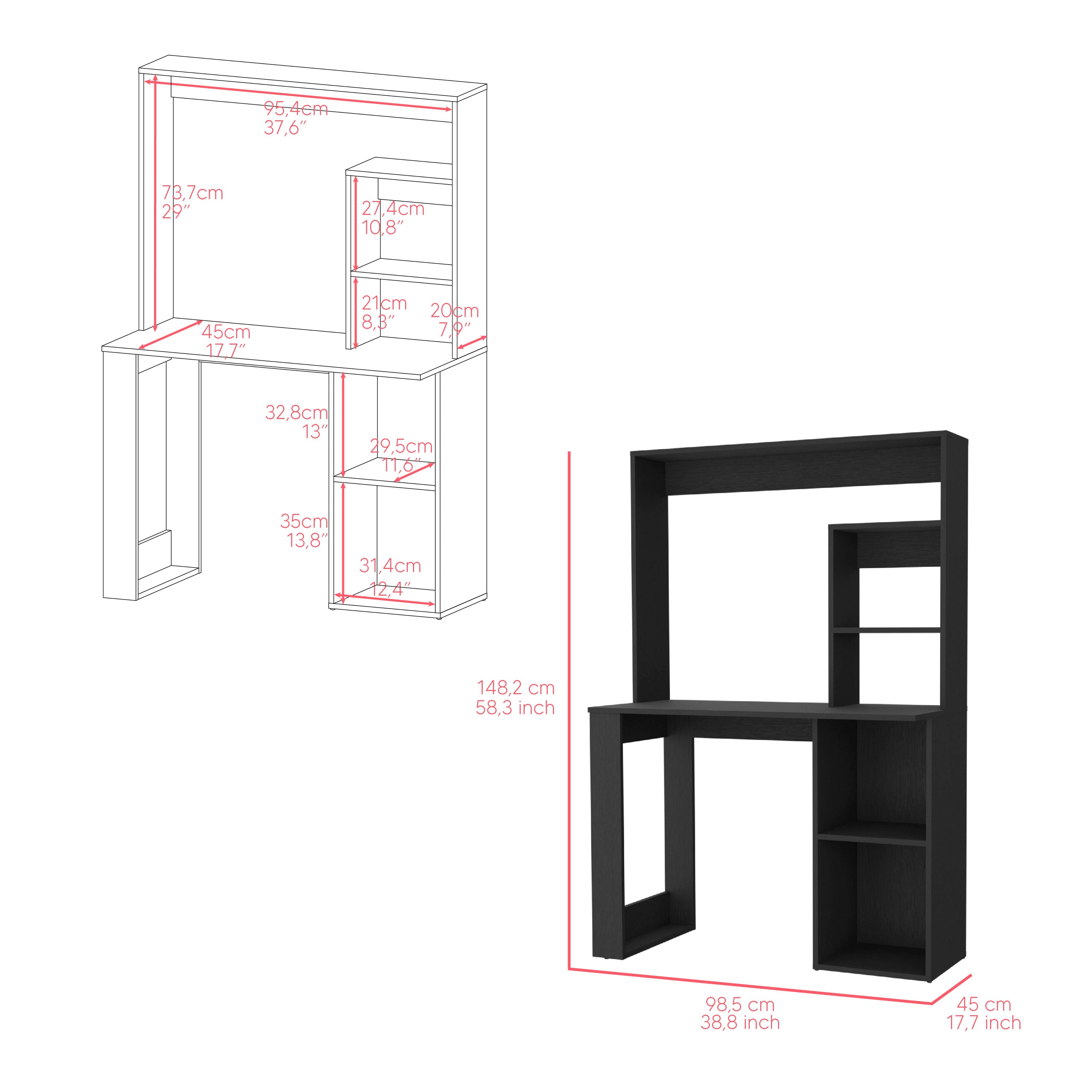 Desk Ryndon in black wengue finish featuring a hutch and five shelves, designed for modern workspaces.