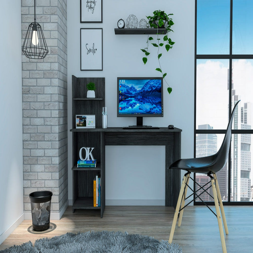 Modern Desk Wichita with four shelves in smokey oak finish, ideal for home office use.