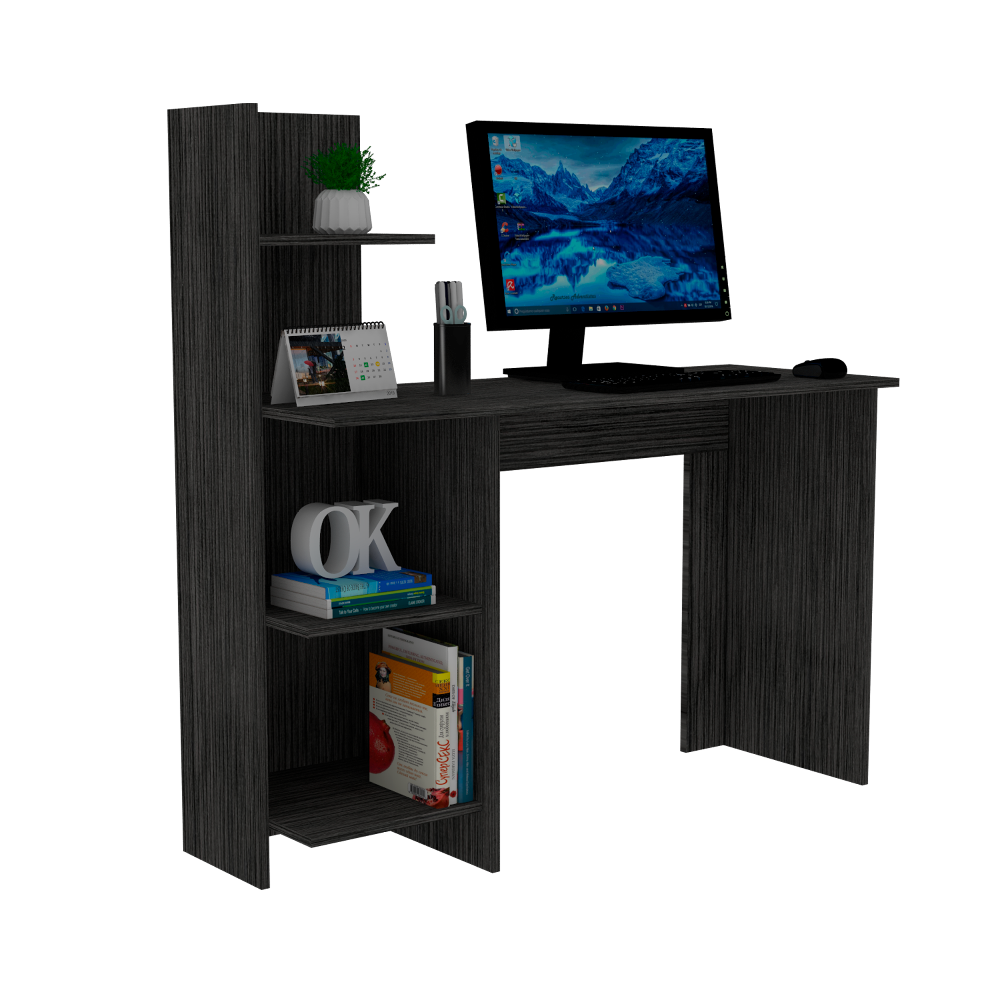 Modern Desk Wichita with four shelves in smokey oak finish, ideal for home office use.