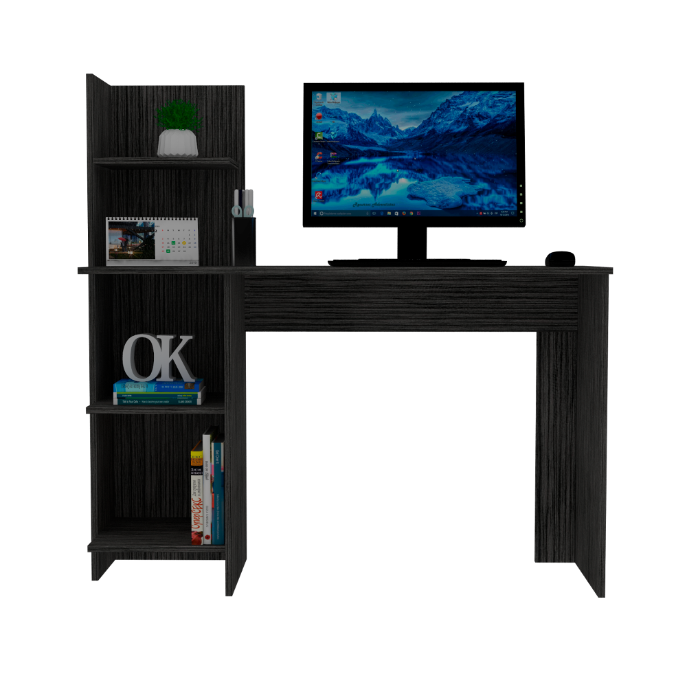 Modern Desk Wichita with four shelves in smokey oak finish, ideal for home office use.