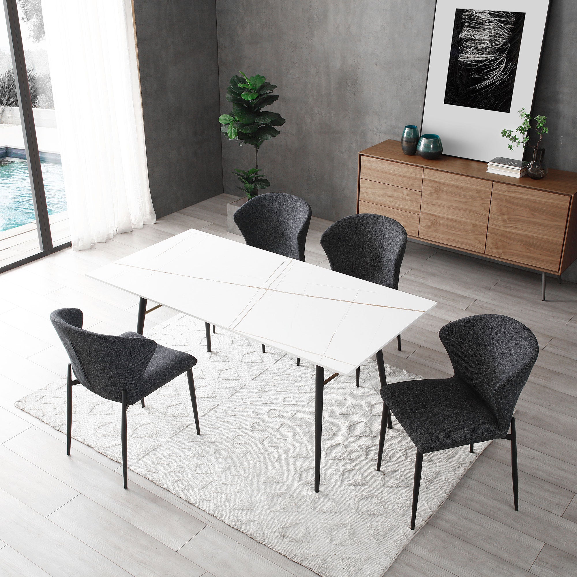 Elegant white porcelain dining table with metal legs, suitable for 4-8 persons, showcasing a modern design.