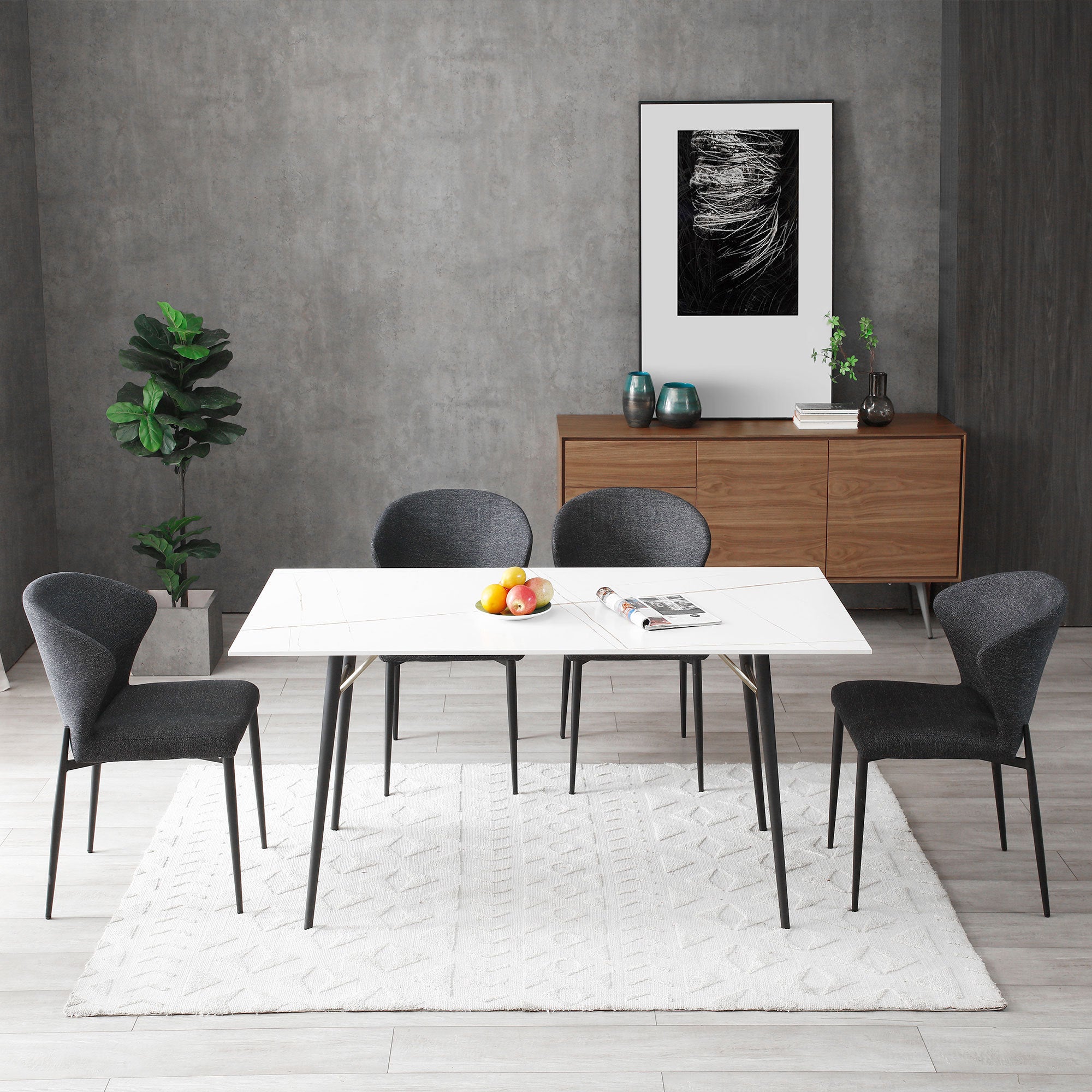 Elegant white porcelain dining table with metal legs, suitable for 4-8 persons, showcasing a modern design.