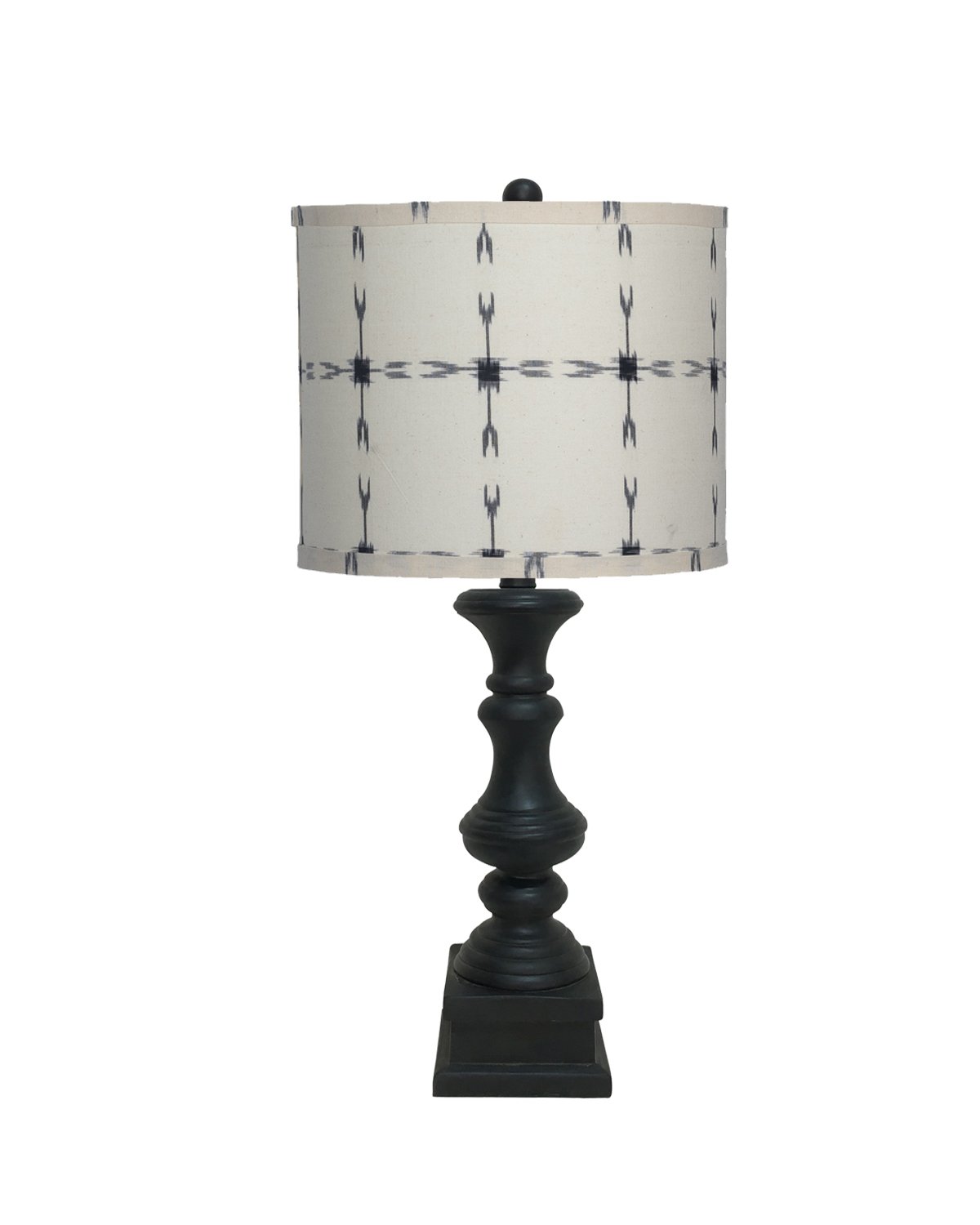 Distressed Black Beige Tribal Arrow Line Shade Table Lamp showcasing its unique tribal design and elegant finish.