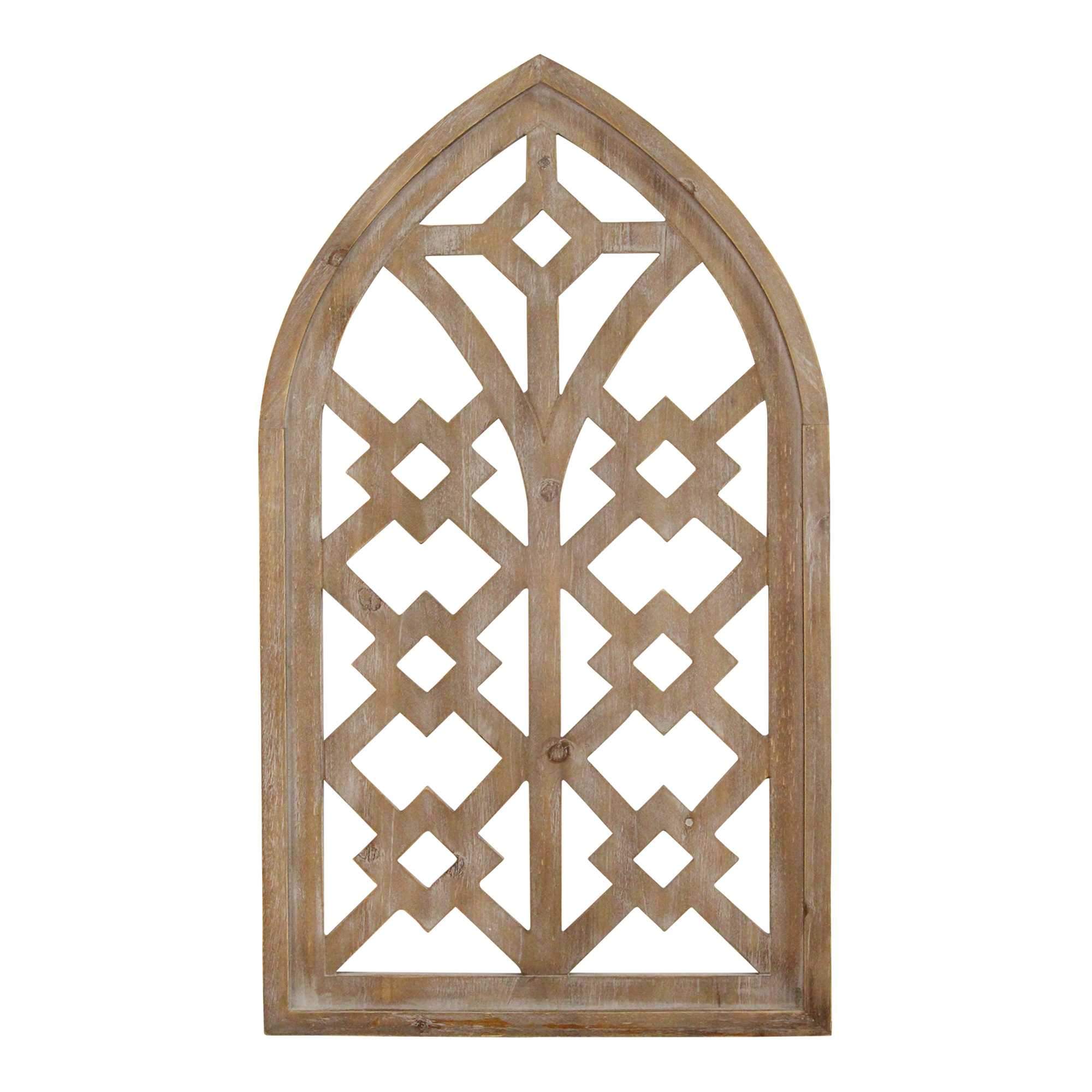 Distressed Home Wood Framed Arch Wall Art showcasing a rustic cathedral window design with a pointed archtop and aged oak-like wood frame.