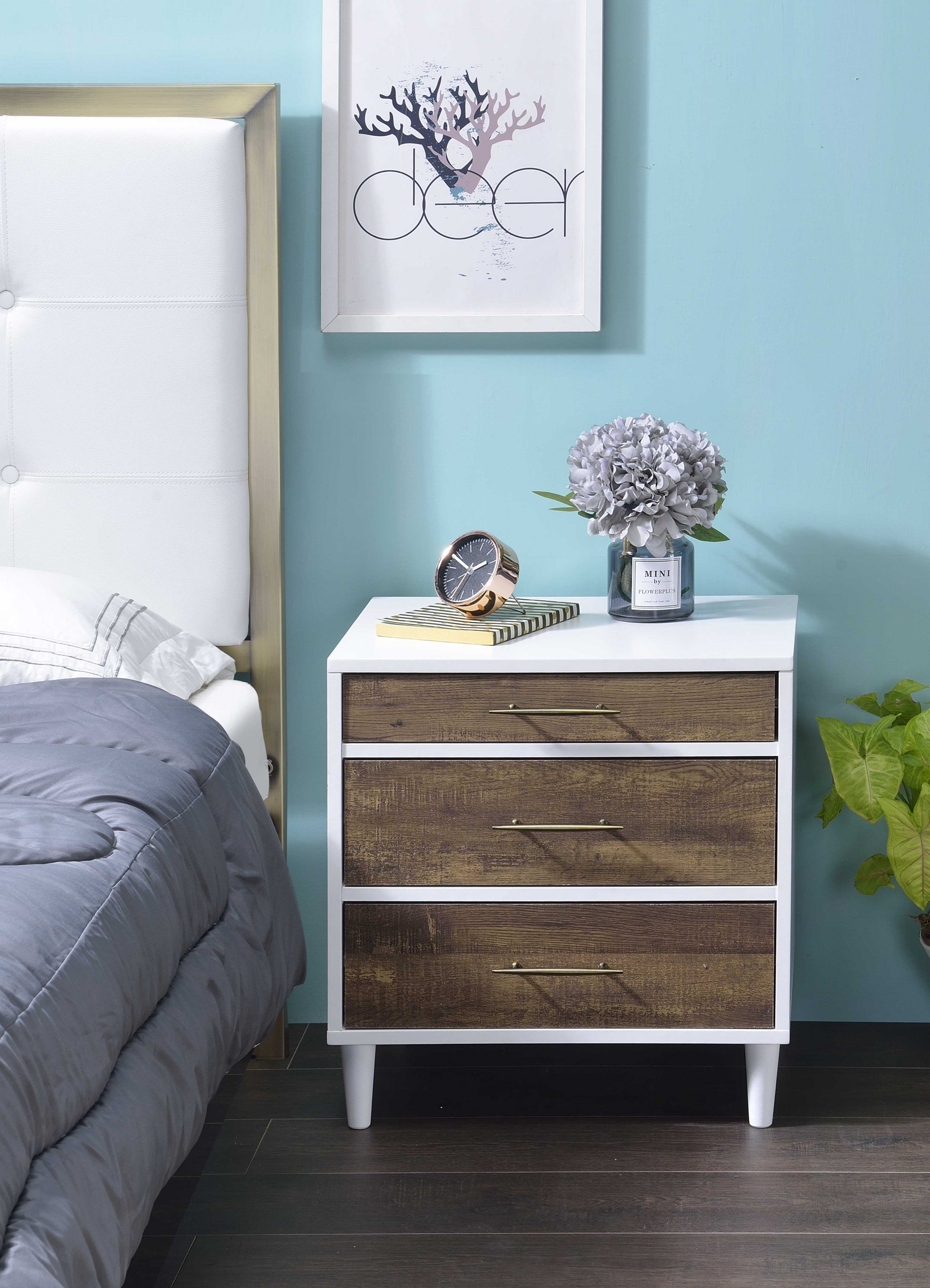 Stylish Distressed Oak Nightstand with white frame and three wooden drawers, perfect for bedroom decor.