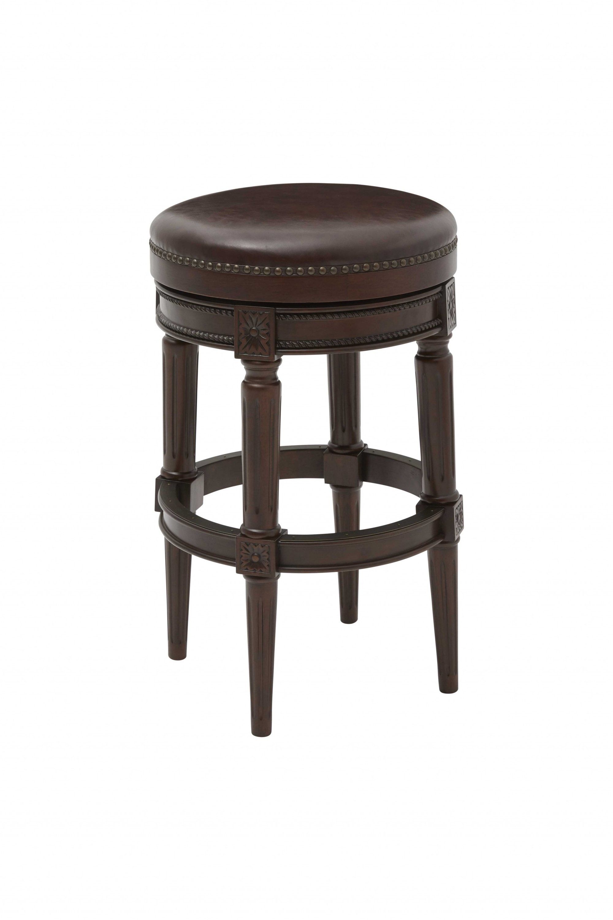 Distressed walnut finished bar height round stool with a sleek design and swivel seat, perfect for modern and rustic interiors.