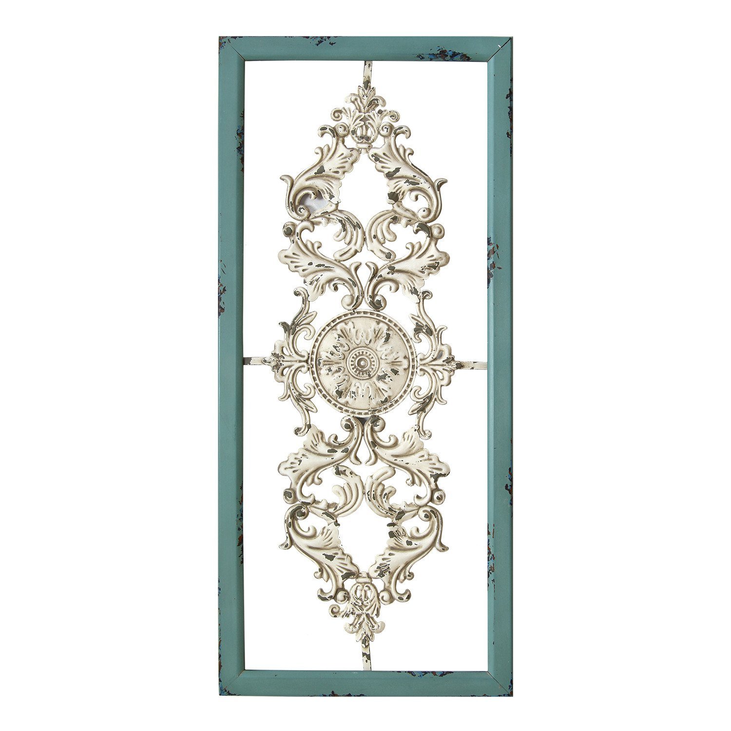 Distressed white and turquoise framed scroll metal panel wall decor, featuring ornate scroll design and chic frame, perfect for home decoration.