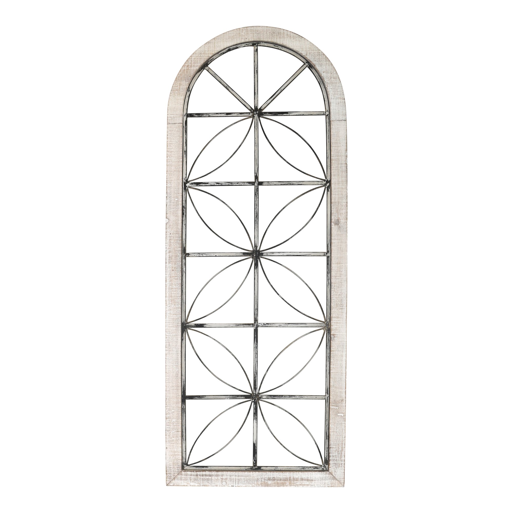 Distressed white metal and wood window panel with geometric patterns, showcasing farmhouse charm.