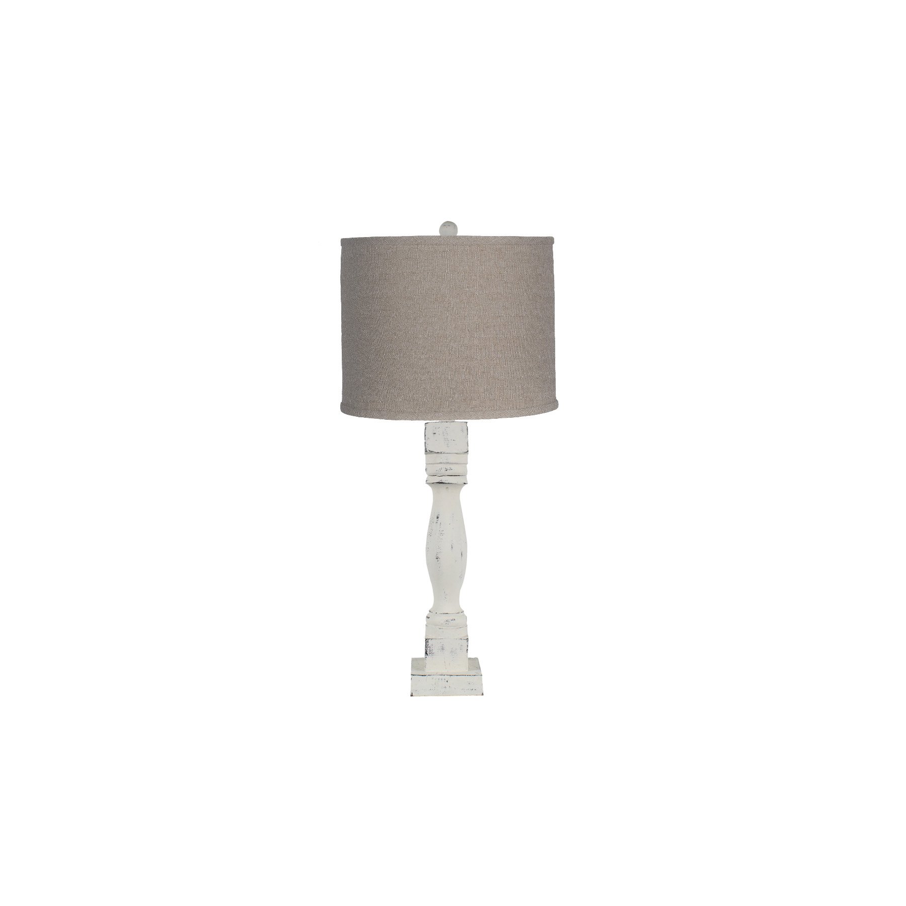 Distressed white table lamp with a neutral fabric shade, showcasing a rustic design and soft lighting.