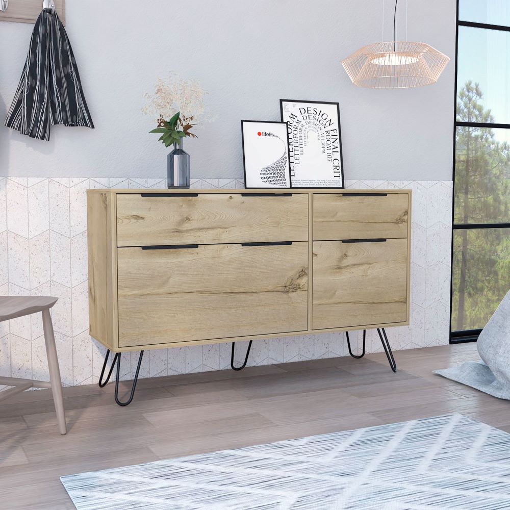 Skyoner Double Dresser featuring four drawers, hairpin legs, and a light oak finish, perfect for modern bedroom decor.