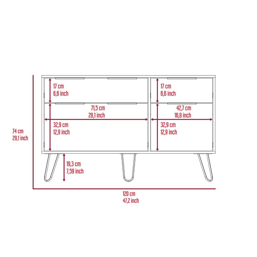 Skyoner Double Dresser featuring four drawers, hairpin legs, and a light oak finish, perfect for modern bedroom decor.